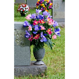 Sympathy Silks Artificial Cemetery Flowers – Realistic Vibrant Tulips, Outdoor Grave Decorations - 1 Cream Pink Tulip Purple Iris Bouquet