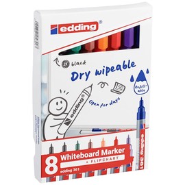 edding 361 whiteboard marker set - multi-coloured - 8 whiteboard pens - round nib 1 mm - whiteboard pen dry wipe - for whiteboards, flipcharts, magnetic, memo boards - sketchnotes - refillable