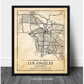 Los Angeles CA City Street Map Wall Art - 11x14 Vintage Antique Aerial View Decor Print with Coordinates. Makes a Great California-Inspired Gift!