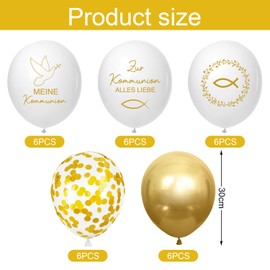 Cadimus Pack of 30 Communion Balloons, 5 Design Communion Decoration Girls Boy, Helium Balloons Christening, Fish Motif, Dove Pattern and Leaf Wreath, White and Gold Christening Balloons Decoration