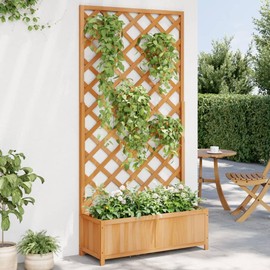vidaXL Solid Fir Wood Planter with Trellis - Brown Outdoor Flower Box for Garden, Patio Space Extender, 35.4"x13.8"x70.9"