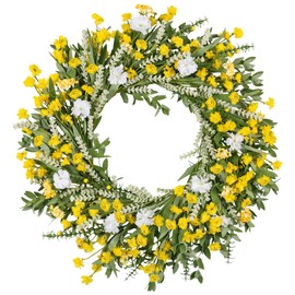 26" Spring Wreaths for Front Door Artificial Floral Wreath with Wildflowers Portulaca CHEAWRTZ Summer Easter Decorations for Indoor Outdoor Window Wall Farmhouse Porch Home Decor Yellow and White