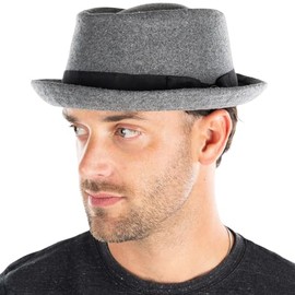 Funky Junque 100% Wool Pork Pie Hat for Men, Vintage Short Brim Fedora with Pinched Crown, Cotton Lined Trilby Medium Light Grey