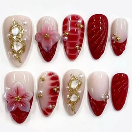 Red French Tip Press on Nails Short Almond Fake Nails with 3D Flower Gilding Pearl Designs Fall Winter Nails Press ons Acrylic Glossy Stick on Nails for Women 30Pcs