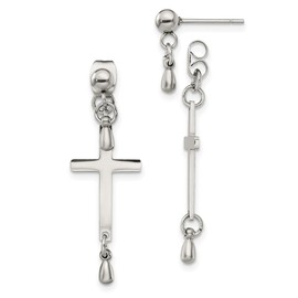 Diamond2Deal Stainless Steel Polished Cross Dangle Front and Back Dangle Earrings (L-1.45 Inch, W-0.45 Inch)