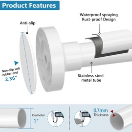 Bonpally Shower Curtain Rod 32-75 Inches Adjustable, Non-Slip Spring Tension Shower Rod Stainless Steel for Bathroom, No Drilling, White