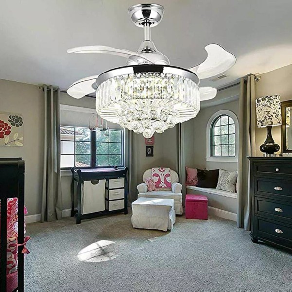 Modern Crystal Fandelier Ceiling Fan + LED Light Remote Noise-Free