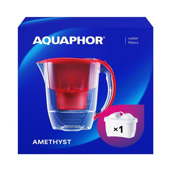 AQUAPHOR Water Filter Jug Amethyst Red 1 X MAXFOR+ Filter Included I Capacity 2.8l I Fits in the fridge door I Reduces Limescale Chlorine & Microplastics