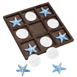 FINGERINSPIRE Starfish Tic Tac Toe Game Set - 6 Pcs White Resin Sea Money & 6 Pcs Blue Starfish with 1 Pc 10x10inch Square Wooden Table Tic-Tac-Toe Board - Beach House Coffee Table Decoration