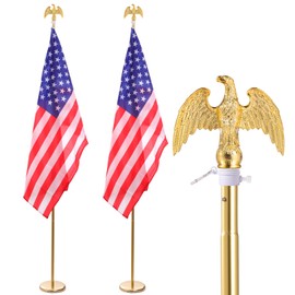 Hooomyai 2 Pack 8FT Indoor Flagpole Kit, Deluxe Gold Eagle Topper Sectional Flag Pole with Base Stand, Premium Aluminum Pole Heavy Duty Flag Pole with 3x5Ft US Flag for Schools, Office, Hall