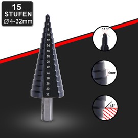 ITEMPESTI M35 Cobalt Step Drill, Diameter 4-32 mm, TiAlN Coated, Robust and High Temperature Resistant, Suitable for Metal, Stainless Steel, Plastic, Wood