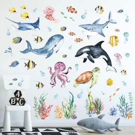 decalmile Under The Sea Watercolor Fish Wall Decals Ocean Dolphin Sea Turtle Seaweed Wall Stickers Living Room Bedroom Bathroom Wall Decor