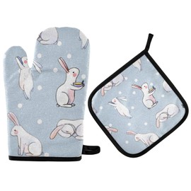 Doterii Easter Bunnies Rabbits and Dots Oven Mitt and Potholder Set Kitchen Oven Gloves for Cooking