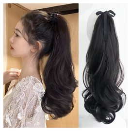 One-touch Extension, Collar Wig, Straight, Long, Synthetic Hair, Heat Resistant, Natural, Long, Straight Wig, Hair Extension, Curly Tail 19.7 inches (50 cm), Natural Black)