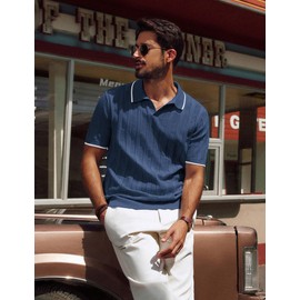 PJ PAUL JONES Men's Lightweight Soft Polo Shirt Smart Casual V Neck Shirt for Meeting Navy Blue