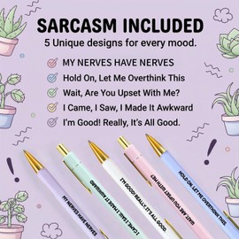 Even My Anxiety Has Anxiety 5-Pack Novelty Pen Set with Sarcastic Sayings | Cute Office Supplies & Funny Birthday Gifts for Women, Perfect for Anxiety Awareness or Just to Brighten Someone's Day