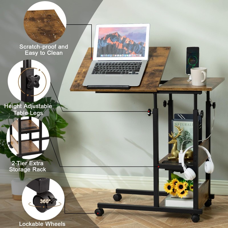 Hadulcet Adjustable C Table with Charging Station, Tiltable Desk C