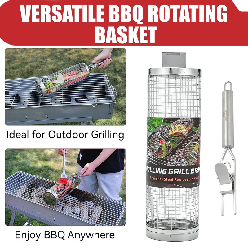 WillBBQ Premium BBQ Rotating Basket – Food-Safe Stainless Steel, Removable