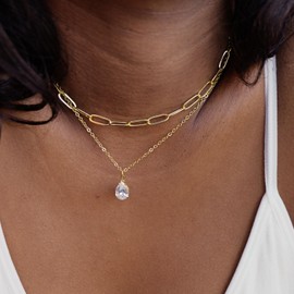 BERISO CZ Diamond Necklace for Women,14K Gold Plated Cubic Zirconia Diamond Dainty Layered Waterdrop Shape Square Pendant Necklace Jewelry Gift for women