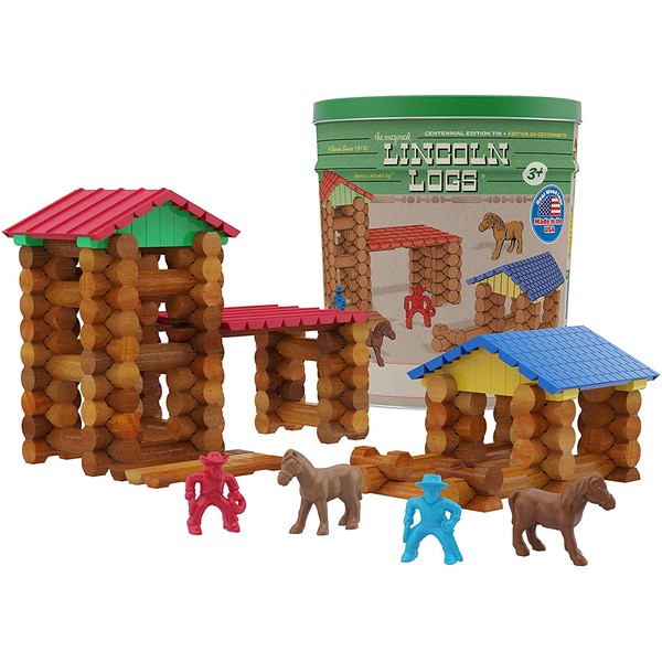 LINCOLN LOGS-Centennial Edition Tin -150+ Pieces-Real Wood-Ages 3+-Best Retro Building Gift Set for Boys/Girls-Creative Construction Engineering-Top Blocks Kit-Preschool Education Toy