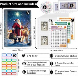100 Envelope Money Saving Challenge Binder, PU Leathers A5 Money Saving Budget Binder with Cash Envelopes & 3 Reusable Budgeting Planner Trackers, Santa and the Reindeer Pattern Fun Planner Book