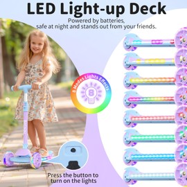 BELEEV Kids Scooter with LED Light-Up Wheels & Deck, 3 Wheel Folding Scooter for Toddlers Girls Boys Age 3-12, Adjustable Handlebar, Lean to Steer, Extra Wide Wheel, Kick Scooter for Children (Purple)