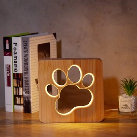 CooPark Dog Paw Wood Bedside Lamp, 3D Optical Cute Puppy Footprint Night Light, Cartoon Hollow Design Bedroom Decor for Children Kids, Animal LED Reading Study Desk Table Light