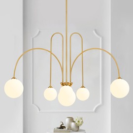 Gold Sputnik Chandelier,6 Lights Mid Century Chandelier for Dining Room Light Fixtures Over Table Large,Large L49” Ceiling Pendant Light Fixtures with Milk Glass Globe Shades for High Ceiling Foyer