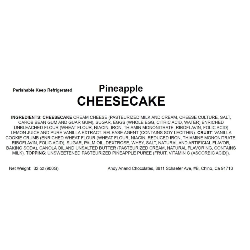 Andy Anand Pineapple Cheesecake 9" Fresh Made, Shipped 2nd Day