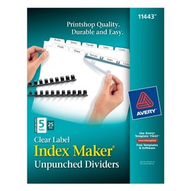 AVERY 5-Tab Unpunched Binder Dividers, Easy Print & Apply Clear Label Strip, Index Maker, White Tabs, 25 Sets (11443)