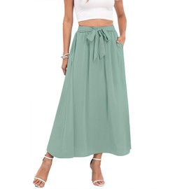 Askyes Womens Long Skirts Summer Beach Cute Flowy High Waisted Casual Maxi Skirts with Pockets,Bamboo Green,M