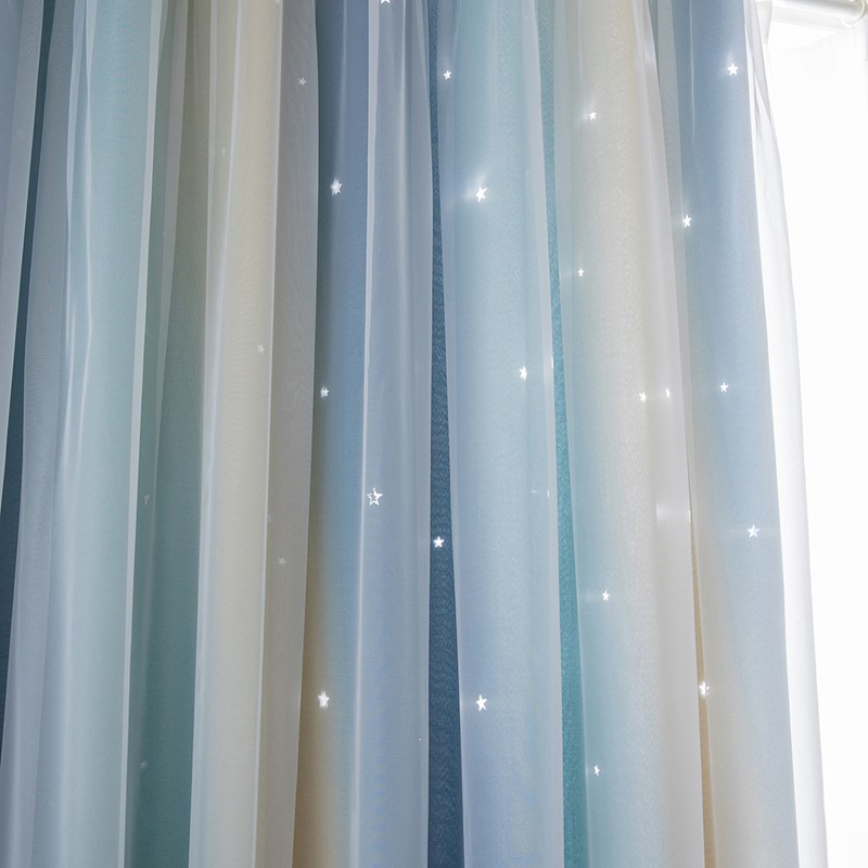 2pc Curtain Simple Gradient Hollow-out Star Pattern Double Layer Blackout