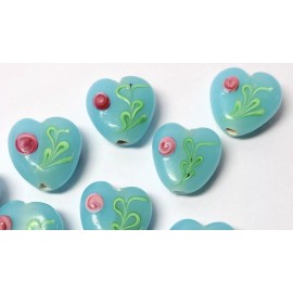 TMGP 10 Lampworked Glass 15x15x7mm Light Aqua Blue Hearts with Roses & 2mm Hole *
