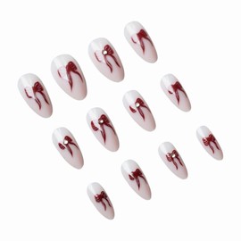 MISUD Almond Press on Nails Medium Fake Nails Glossy Glue on Nails White Acrylic Nail Supplies Stiletto Artificial Nail Art Red Bow Stick on False Nails with Design DIY 24 pcs