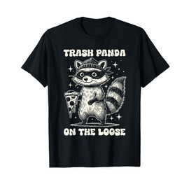 Creature Comforts Apparel Unisex-Adult Black Cartoon Trash Panda Pizza Lover T-Shirt