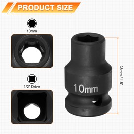 sourcing map 6 Point Impact Socket 10mm Metric Socket 1/2" Square Drive 1.5" (38mm) Long Phosphated Cr-Mo Steel Spindle Axle Hex Nut Sockets, Black