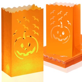 Honoson 24 Pcs Halloween Luminary Bags Fire-Retardant Material Pumpkin Orange Tea Light Candle Bags Durable Reusable for Halloween Engagement Event Marriage Proposal Decor Supplies
