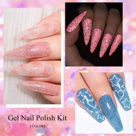 MEET ACROSS Glow in the Dark Gel Nail Polish Set 8PCS Glitter Nail Polish Yellow Green Luminous Gel Polish Set Active Glow Nail Polish Active Glow Gel Polish Kit for Nails