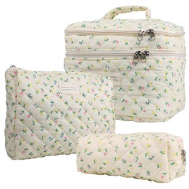Large Capacity Dual Layer Cotton Makeup Cosmetic Bag (3PCS), Cute Quilted Travel Coquette Aesthetic Floral Make up Bag for Women Toiletry Bag - Color: HotPink Flower(3Pcs)