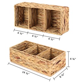 Vagusicc 3 Section Wicker Storage Basket, Hand-Woven Water Hyacinth Storage Baskets, Wicker Baskets for Storage, Toilet Paper Basket for Toilet Tank Top, Small Baskets for Organizing Shelves, 2-Pack