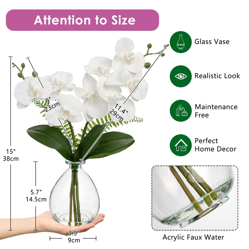 White Orchids Artificial Flowers, Faux Orchid in Glass Vase Real