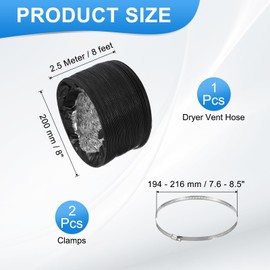 PATIKIL 8 Inch Air Duct, 8Ft Length Dryer Vent Hose Flexible Aluminum Ducting Ducting Dryer Vent 2 Clamps Included for Heating Ventilation Air Conditioning, Black