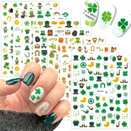 7 Sheets St. Patrick's Day Nail Decals 3D Self-Adhesive Shamrock Nail Stickers Leprechauns Hat Green Shamrock Nail Design Sticker Irish Nail Art Stickers Holiday Manicure Decoration