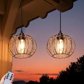 ALL FORTUNE Battery Operated Hanging Outdoor Chandelier, Battery Operated Gazebo Pendant Light Outdoor Waterproof, No Wiring, Powered by 4 AA Batteries, for Gazebo, Porch, Pergola, Decor Lighting (2)