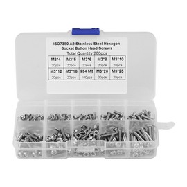 280pcs M3 × 4/5/6/8/10/12/16/20/25 Stainless Steel Rounded Head Hex Caps Screws Nuts Assortment Kit, Allen Screws with Plastic Housing