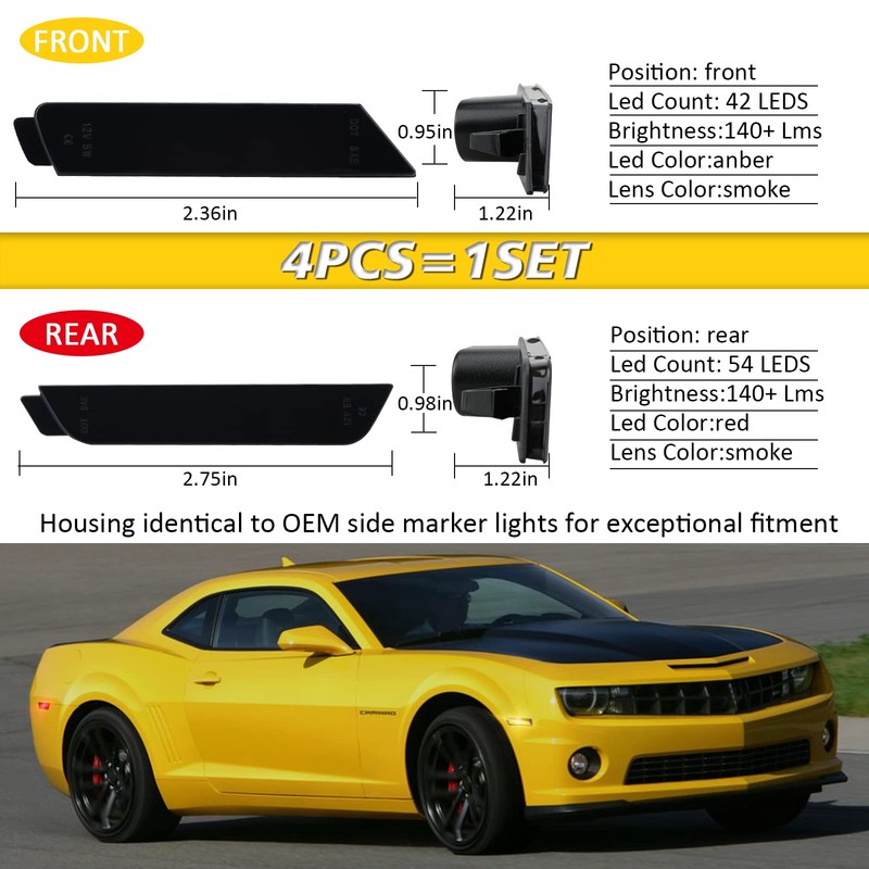 Bestview - Luces LED ahumadas laterales para Chevy Camaro 2010-2015,