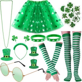 Newcotte 9 Pieces St. Patrick's Day Costume Accessories Set Shamrock Tutu Tulle Skirt Knee Socks Arm Warmer Shamrock Temporary Headband Green Glasses Irish Decorations Party Favor for Women Girls