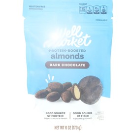 Protein Boosted Well Market Dark Chocolate Almonds, 6 oz, Roasted Whole Nut Mix Bag, Gluten Free Low Carb Sugar Keto Snack Snacking Food Dessert Treat