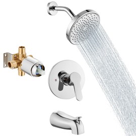 Aolemi Tub Shower Faucet Set With Valve Wall Mount Shower Trim Kit 6 Inch Bathtub Fixtures Rough-in Valve Single-Spray Shower Head System 5.3 Inch Tub Spout Polish Chrome Modern