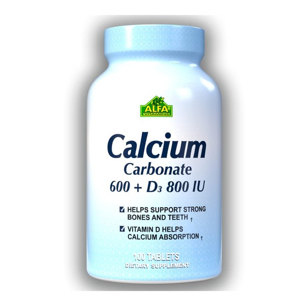 Calcium 600mg + D3 Dietary Supplement by ALFA Vitamins - Promotes Healthy Bones - Healthy Teeth - Healthy Heart - Healthy Nervous System -100 Tablets